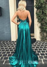 Elvira |Long Emerald Green Prom Dress Metallic With Halter Neck A Line Pleated Criss Slit - Emerald Green - US0 - PromDressClub